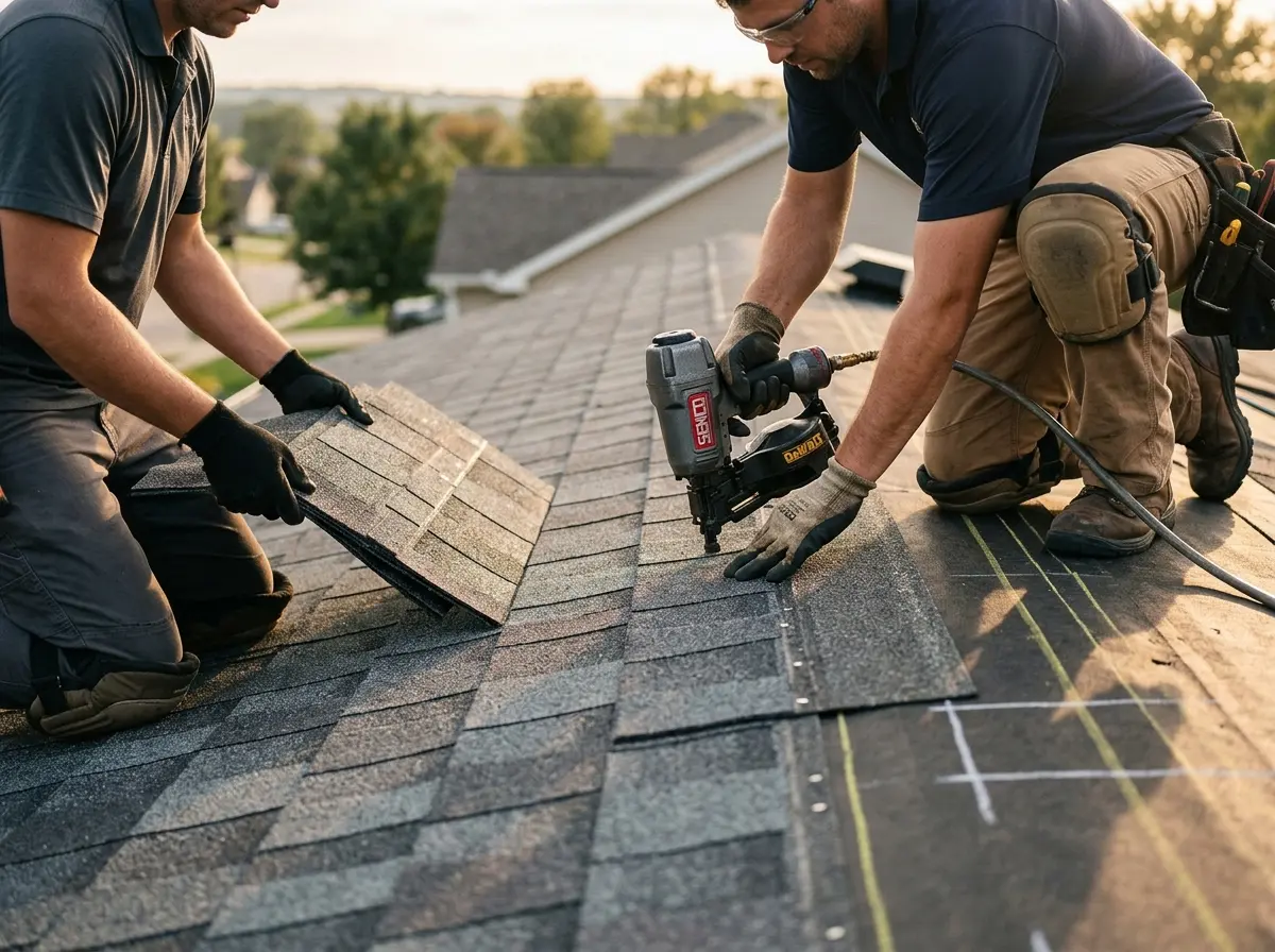 Professional roofer working on a residential roof in Goldsboro